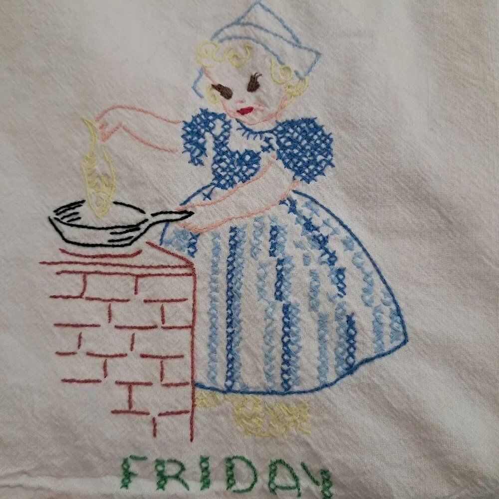 Vintage‎ Day of the Week towel Friday Dutch girl cooking Embroidered Tea flour